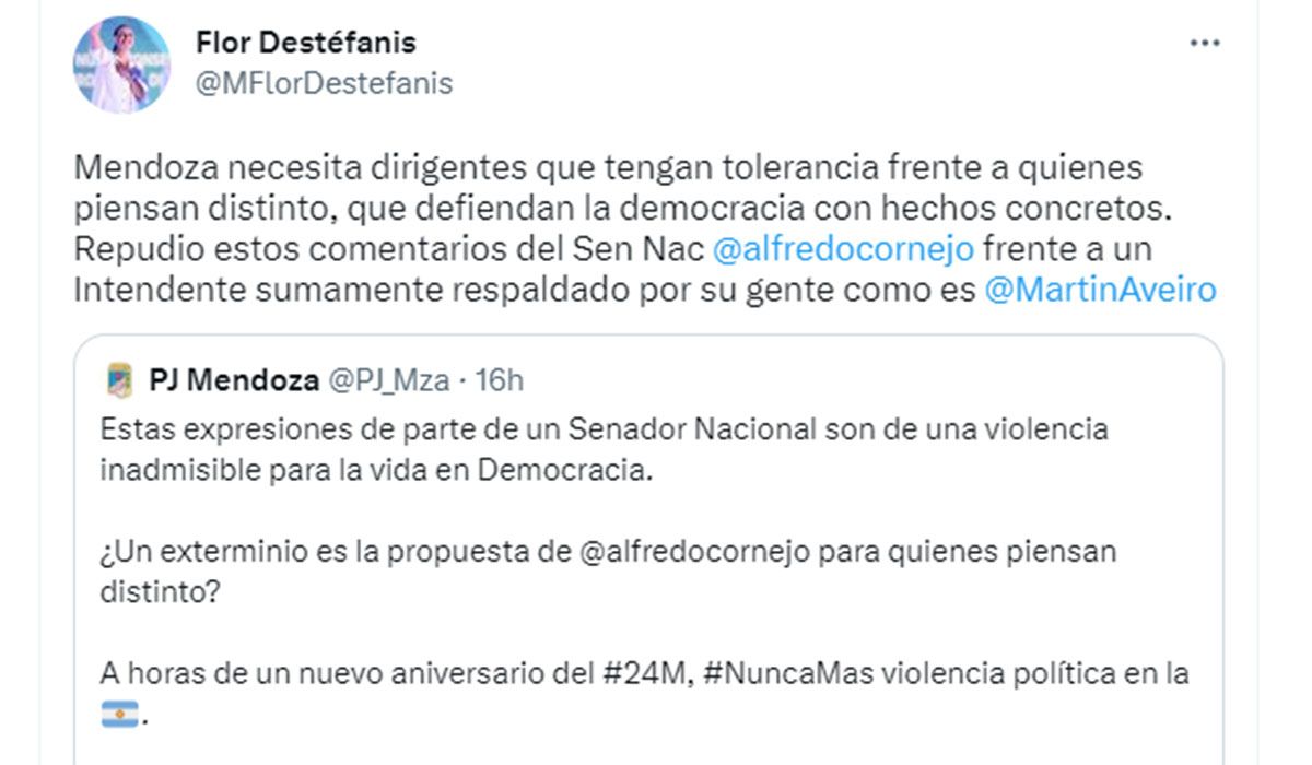 El tuit que publicó Flor Destéfanis sobre las supuestas declaraciones de Alfredo Cornejo.