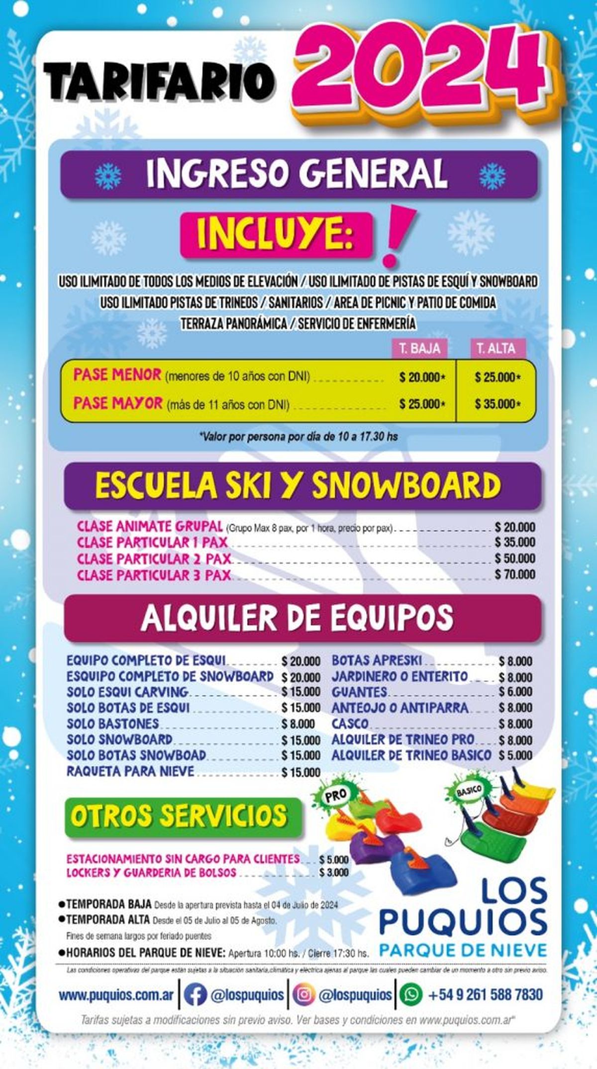 Tarifario de Los Puquios para el invierno 2024. Tarifario de Los Puquios para el invierno 2024.