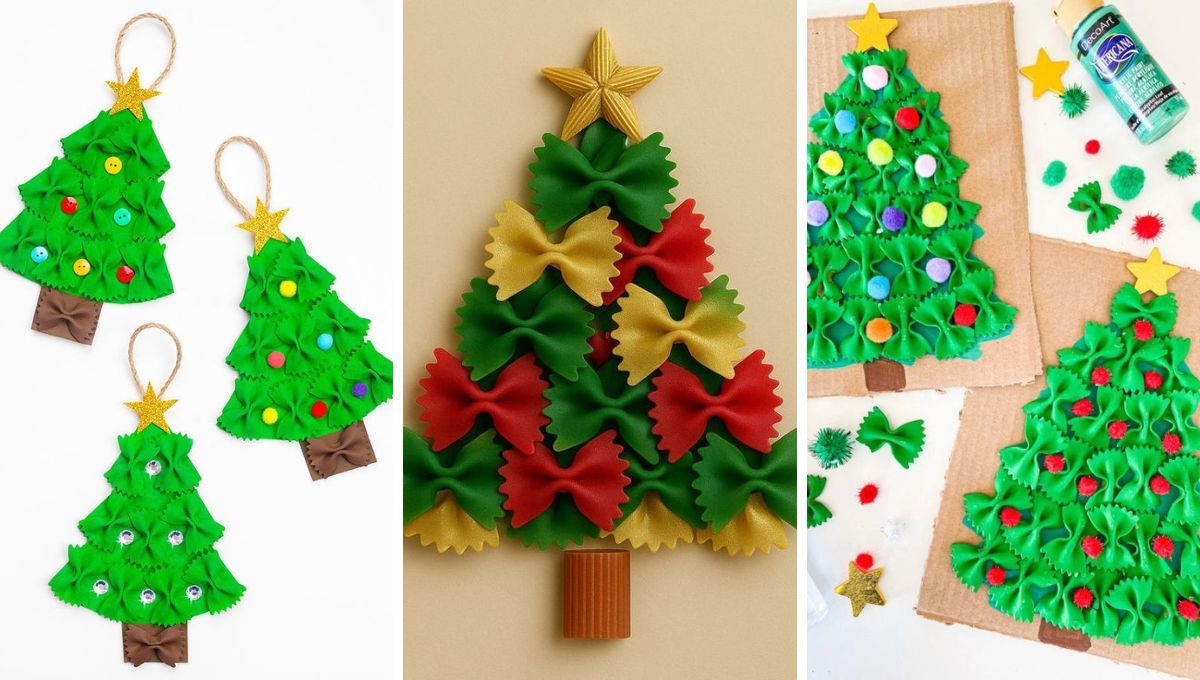 Pinitos de Navidad creados con fideos moñitos. Pinitos de Navidad creados con fideos moñitos. 