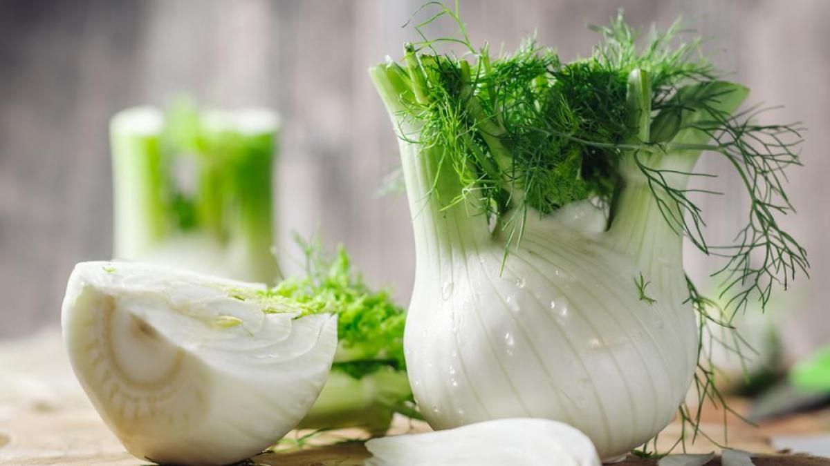 El hinojo es un bulbo blanco con tallos verdes y flores amarillas. El hinojo es un bulbo blanco con tallos verdes y flores amarillas.