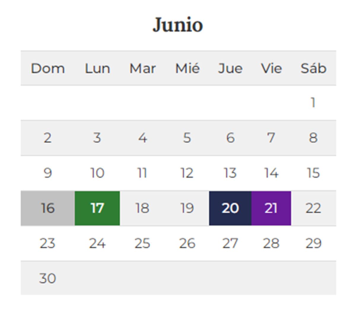La tercera semana de junio tendrá solamente dos días laborables. Serán feriados el lunes 17, el jueves 20 y el viernes 21. La tercera semana de junio tendrá solamente dos días laborables. Serán feriados el lunes 17, el jueves 20 y el viernes 21.