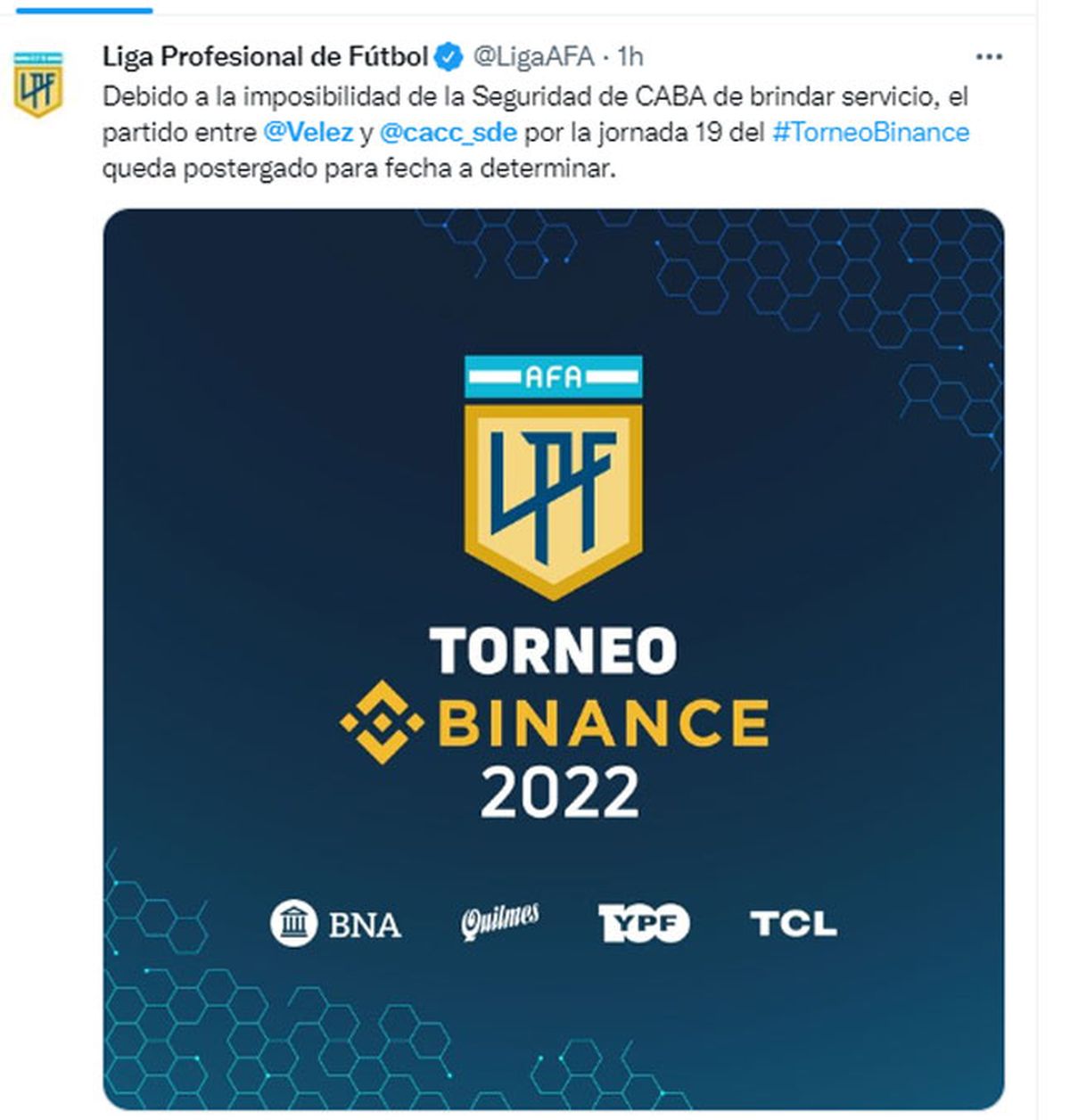 Comunicado de la Liga Profesional sobre el partido entre Vélez y Central Córdoba.