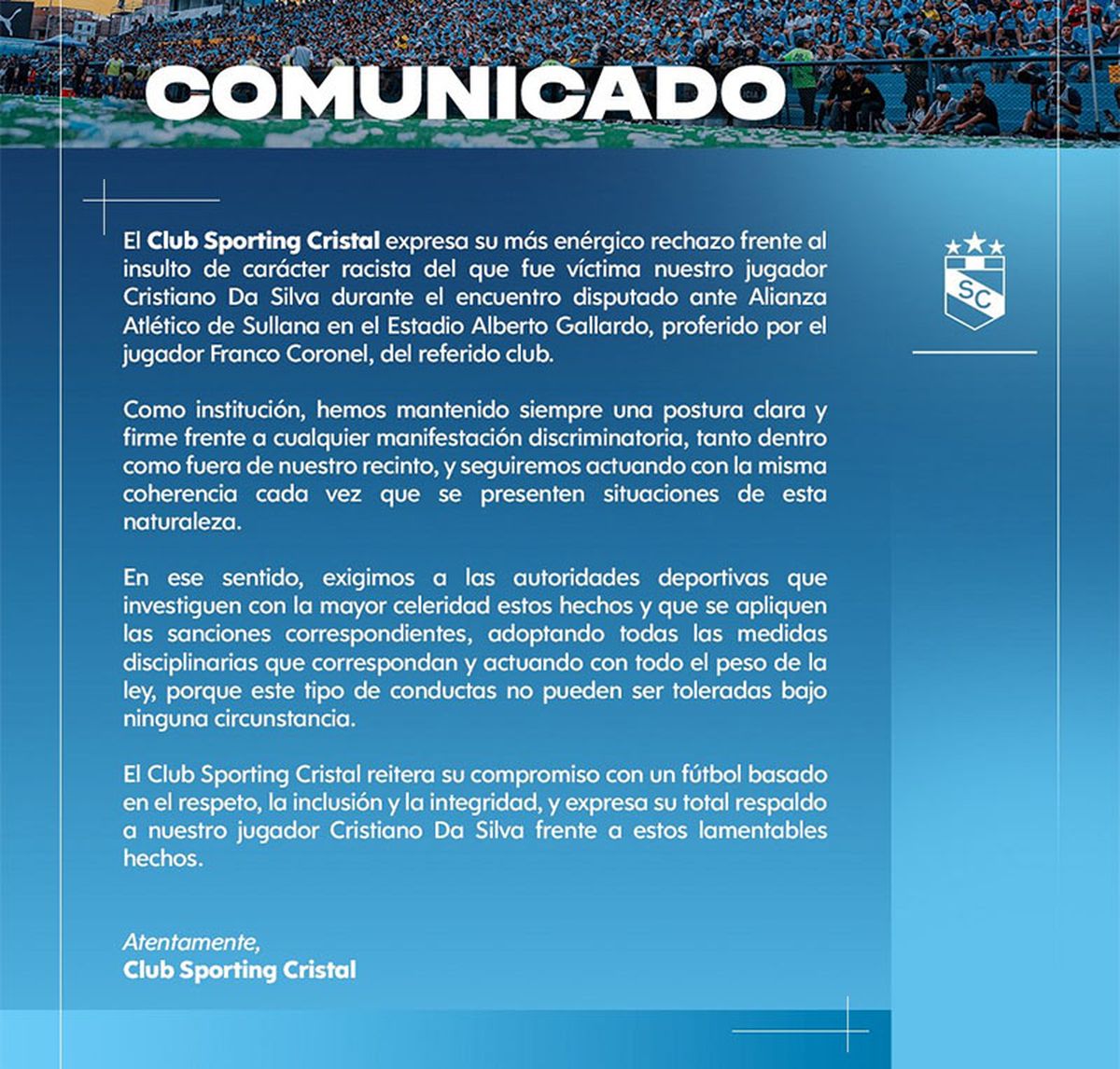 El comunicado de Sporting Cristal tras un hecho de racismo.
