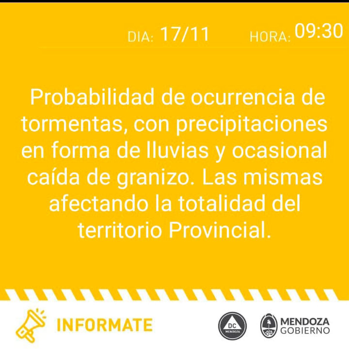 Defensa Civil emitió una alerta amarilla para gran parte de Mendoza.