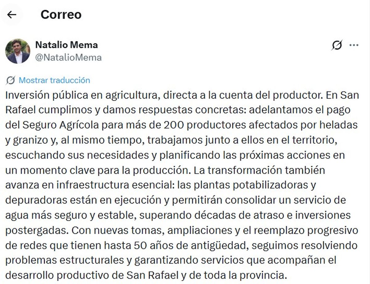 El ministro de Gobierno, Natalio Mema, tuiteó el anuncio del adelanto del fondo compensador agrícola, que se hizo en un acto en San Rafael. 