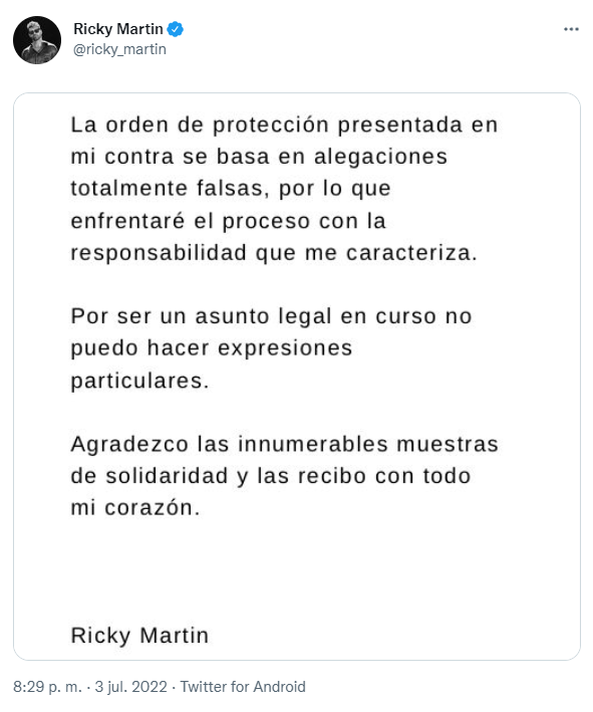 Ricky Martin se pronunció en sus redes sociales.