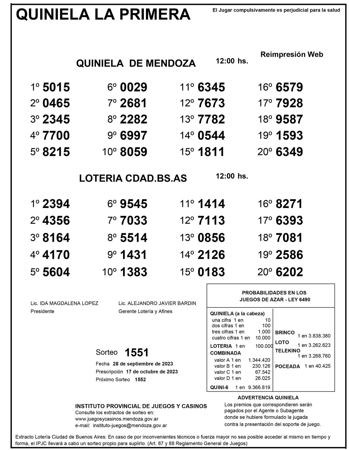 Extracto de la Quiniela de Mendoza en su edición la Primera del jueves 28 de septiembre. Extracto de la Quiniela de Mendoza en su edición la Primera del jueves 28 de septiembre.