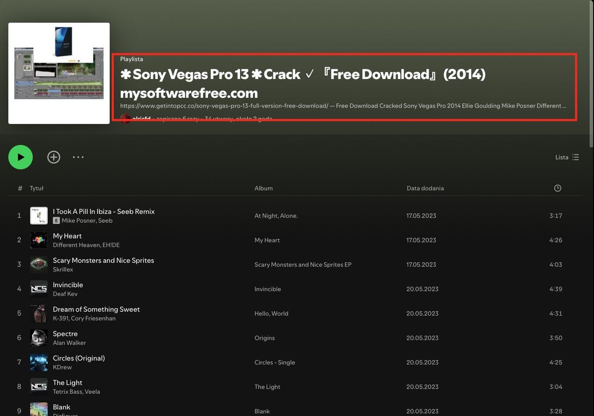 Lista de reproducción en Spotify con malware. Foto: X Karol Paciorek Lista de reproducción en Spotify con malware. Foto: X Karol Paciorek
