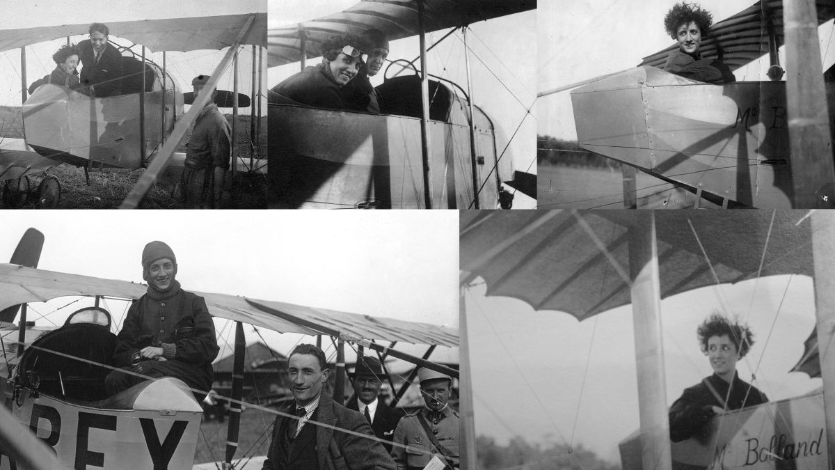 El 1°de abril de 1921 Adrienne Bolland, fue la primera primera mujer en cruzar la Cordillera de los Andes, a bordo de un biplano francés “Caudron G3, de apenas 80 HP de potencia, mientras que sus predecesores lo habían hecho con motores superiores a los 200 HP. Este collage de imágenes forma parte de la muestra que se expone en la Nave Universitaria.