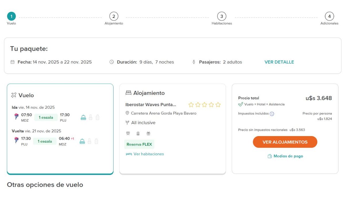 Este paquete para viajar al Caribe cuesta USD$ 1.824 por persona, USD$ 3.648 para dos. Captura de pantalla de Almundo. Este paquete para viajar al Caribe cuesta USD$ 1.824 por persona, USD$ 3.648 para dos. Captura de pantalla de Almundo.