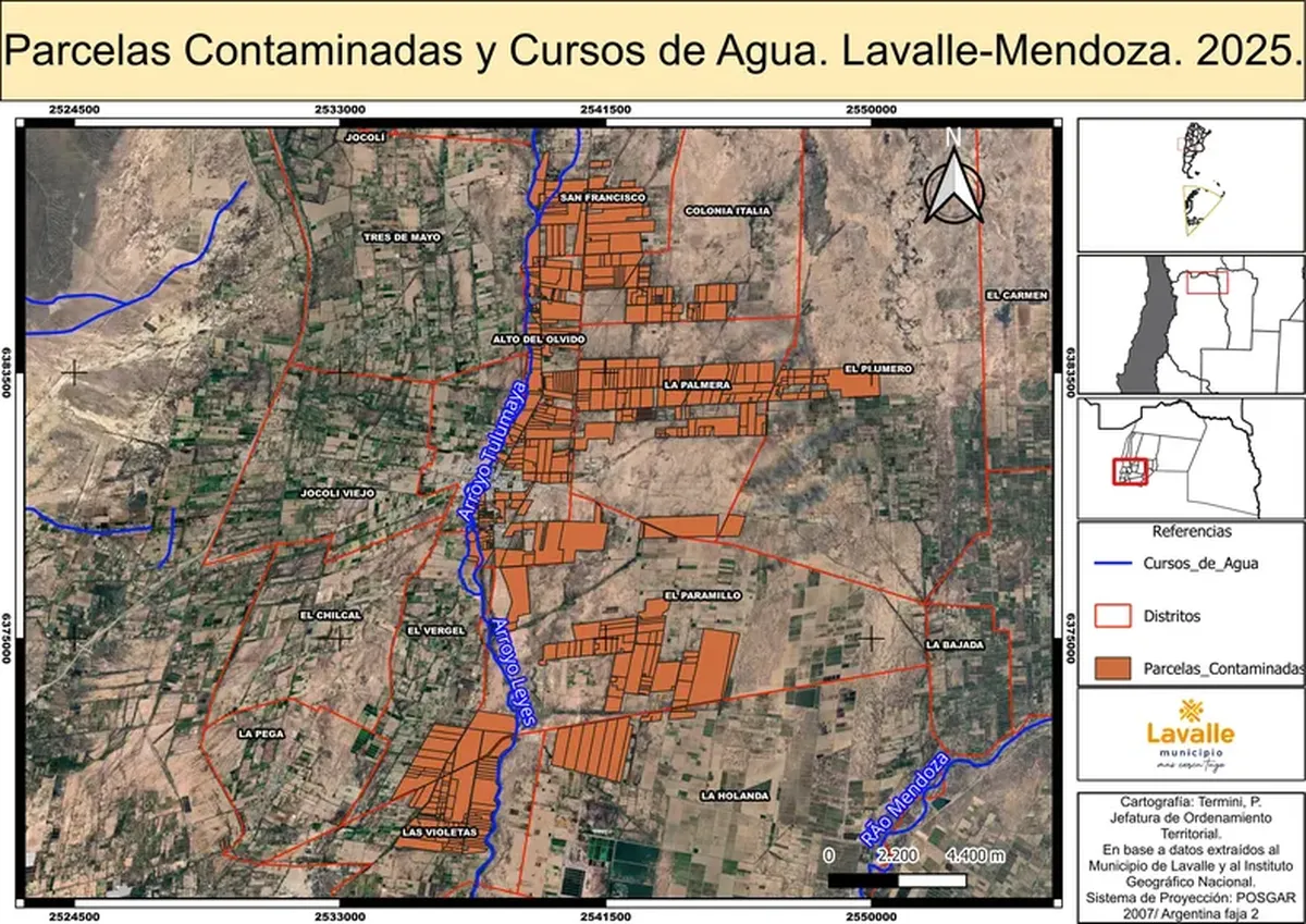 La Municipalidad de Lavalle brindó un mapa en el que se advierten las zonas más complicadas. Dentro de esas, hay hectáreas cultivadas.