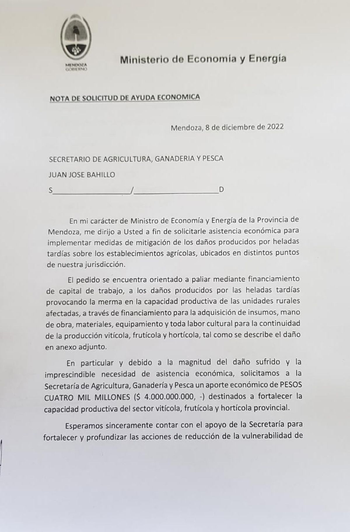 Una de las solicitudes que envió la provincia a la Secretaría de Agricultura.