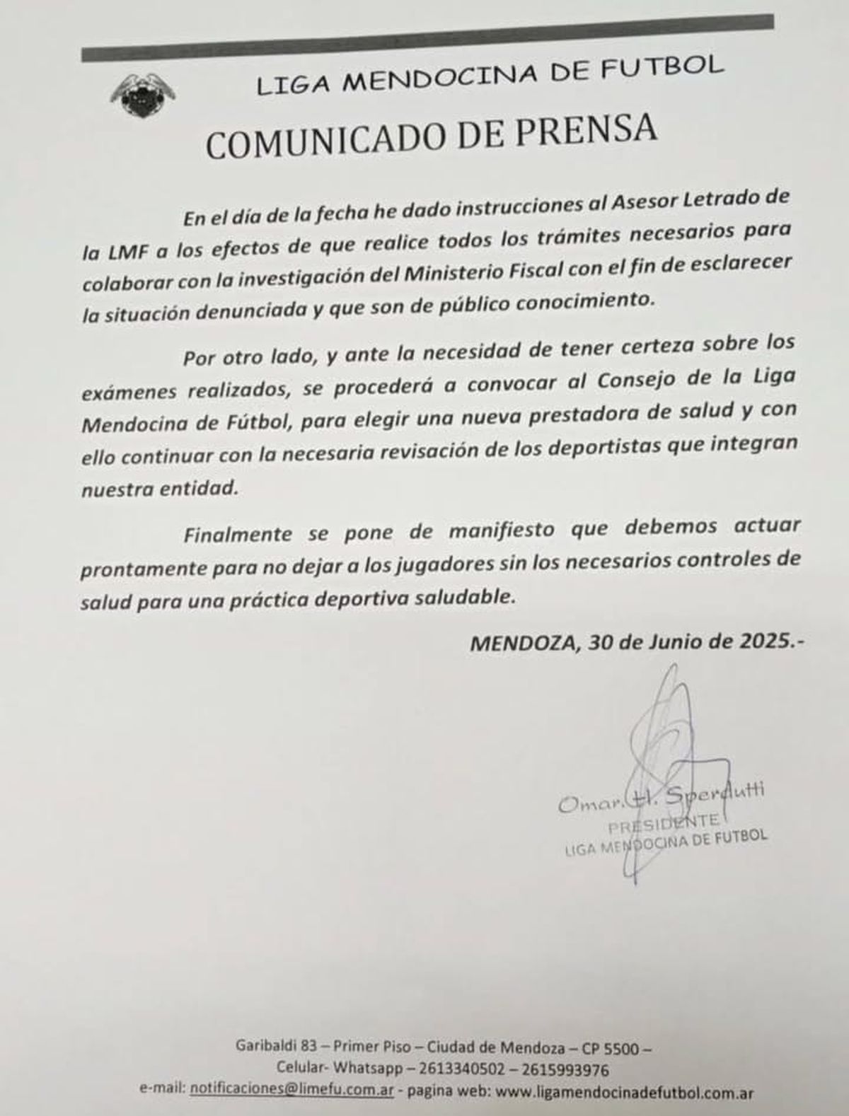 El nuevo comunicado de prensa que emitió la Liga Mendocina de Fútbol. El nuevo comunicado de prensa que emitió la Liga Mendocina de Fútbol.