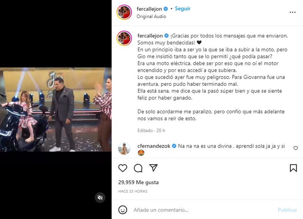 La actriz María Fernanda Callejón decidió hacer un descargo a través de de su cuenta de Instagram con el video del incidente.