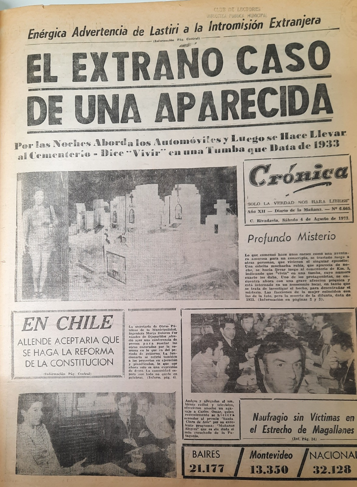 Portada del Diario Cr&oacute;nica de Comodoro Rivadavia, del 4 de agosto de 1973.