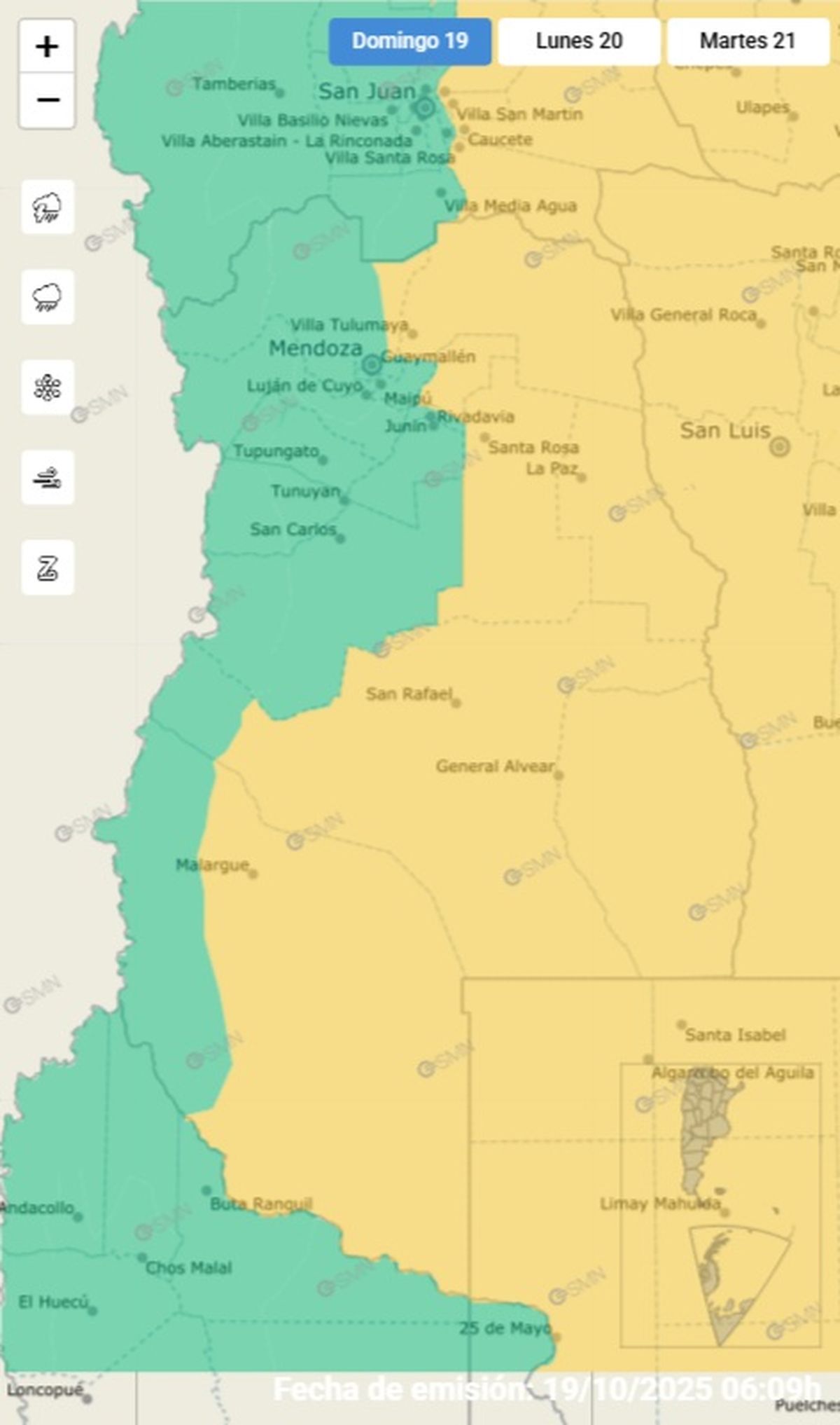 Estos son los departamentos en alerta este domingo.