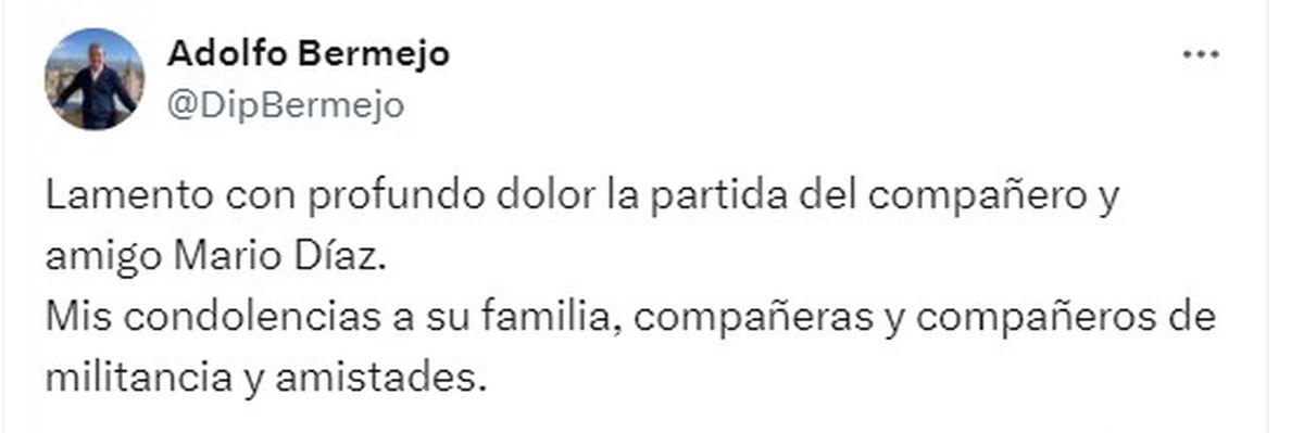 El tuit de Adolfo Bermejo tras conocerse la muerte de Mario Díaz. El tuit de Adolfo Bermejo tras conocerse la muerte de Mario Díaz.
