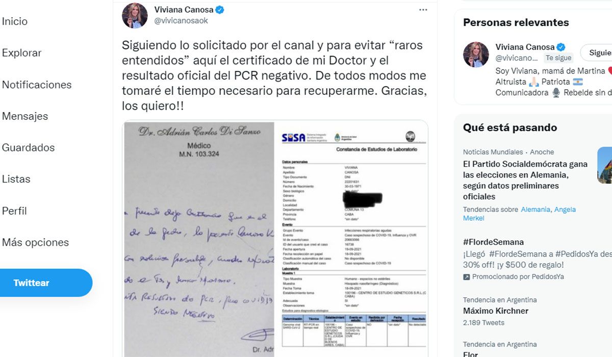 Viviana Canosa descart&oacute; que tenga Covid con un PCR negativo