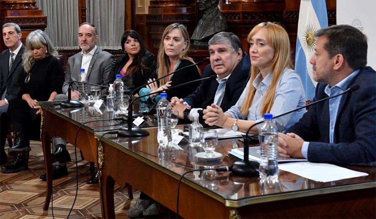 En conferencia de prensa, de izquierda a derecha: los senadores del Frente de Todos Juliana Di Tullio, José Mayans, Anabel Fernández Sagasti y Mariana Recalde.