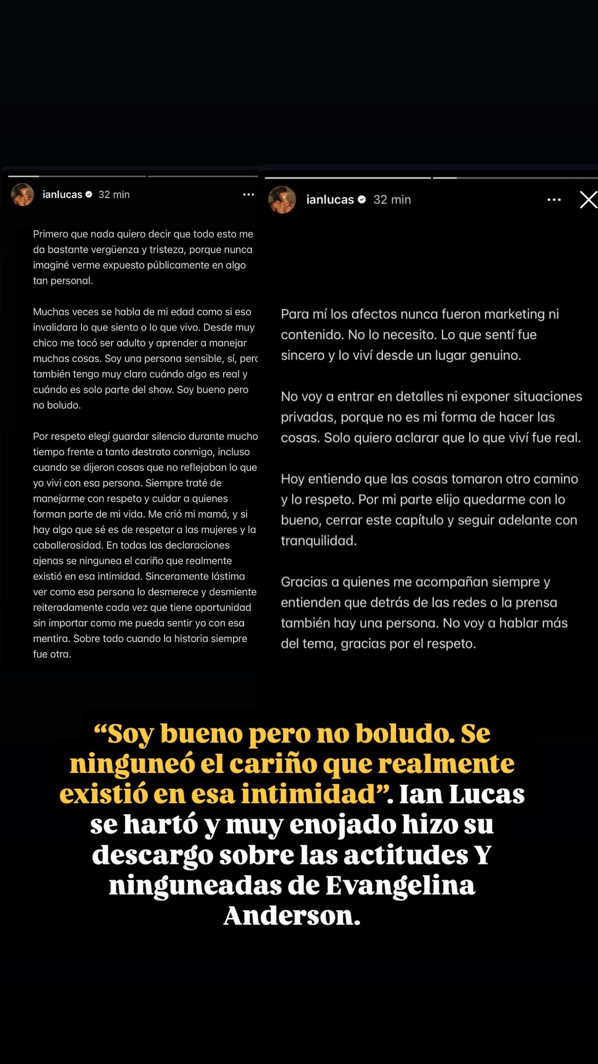 El impactante descargo de Ian Lucas tras los comentarios de Evangelina Anderson.