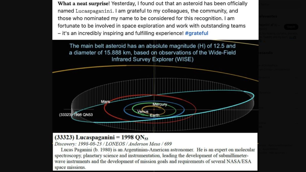 Captura del posteo realizado en Twitter por Lucas Paganini mostrando la ubicación del asteroide que fue bautizado con su nombre.