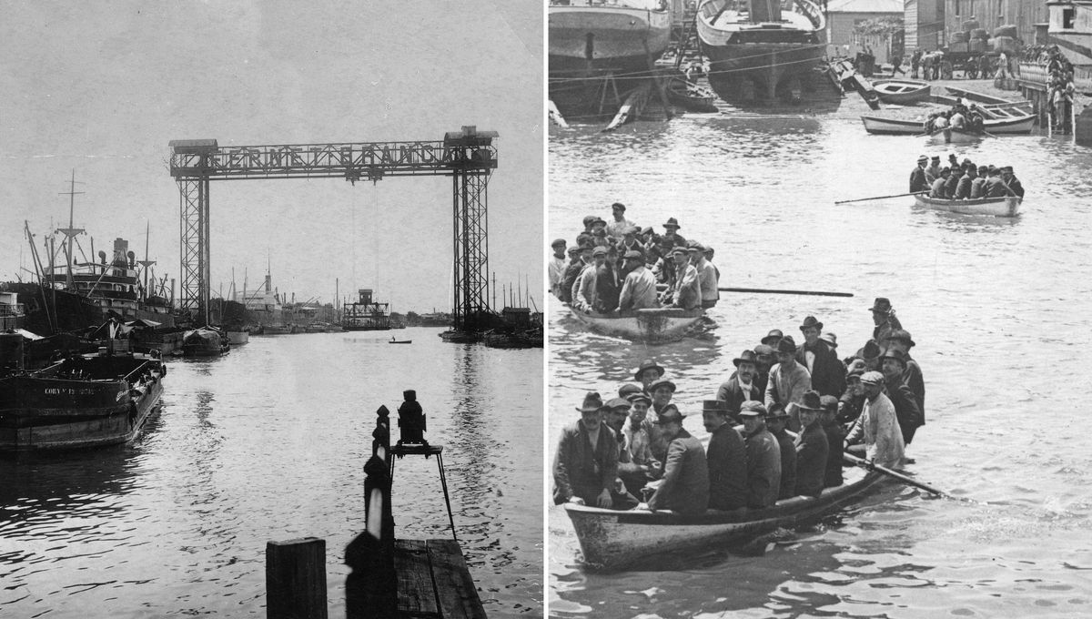 Se observa la vista del transbordador Presidente Sáenz Peña y a los obreros saliendo del trabajo cruzan el Riachuelo en barcazas. Se observa la vista del transbordador Presidente Sáenz Peña y a los obreros saliendo del trabajo cruzan el Riachuelo en barcazas.