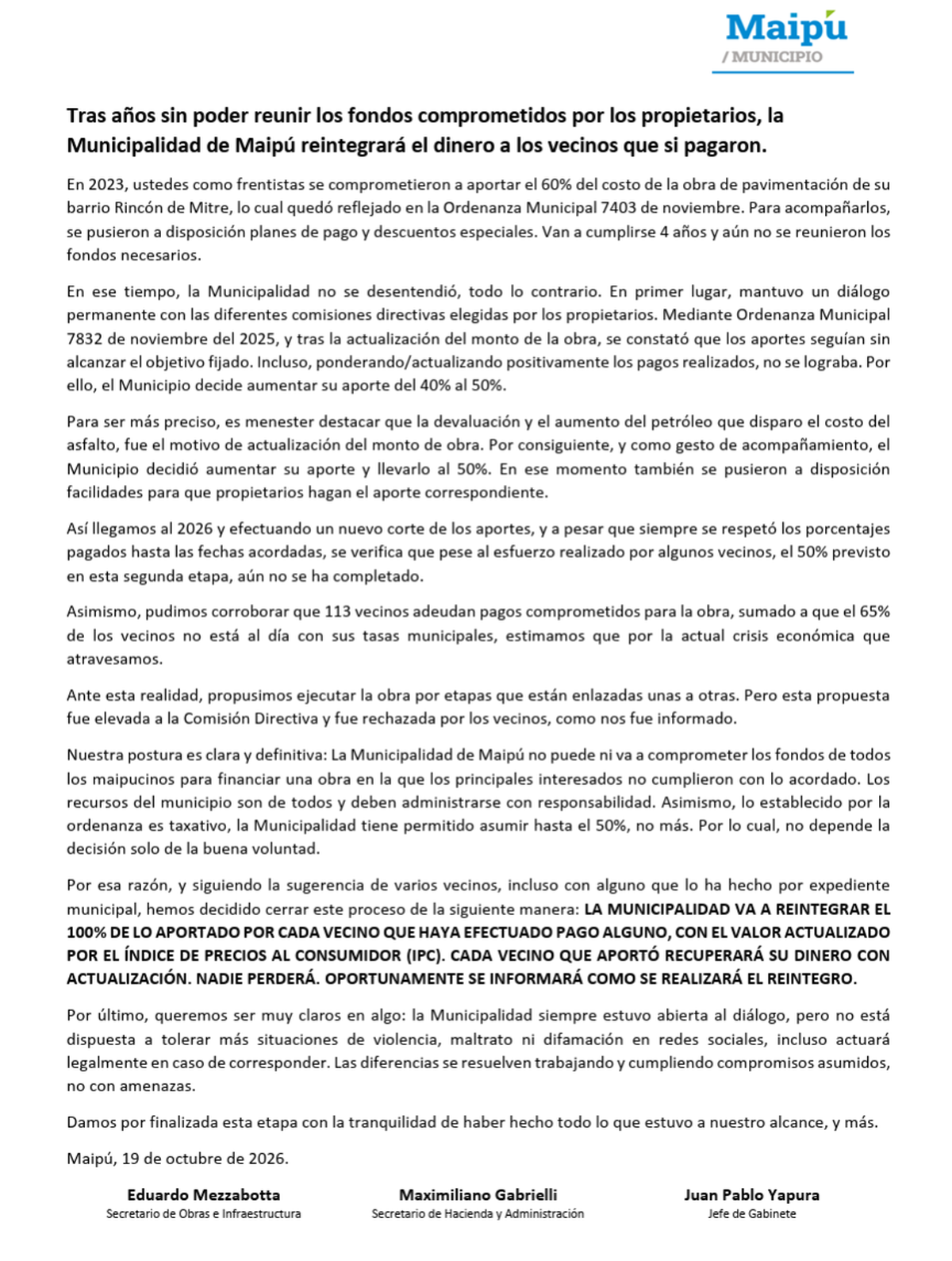 Comunicado de la Municipalidad de Maipú ante el reclamo de los vecinos del barrio Comunicado de la Municipalidad de Maipú ante el reclamo de los vecinos del barrio