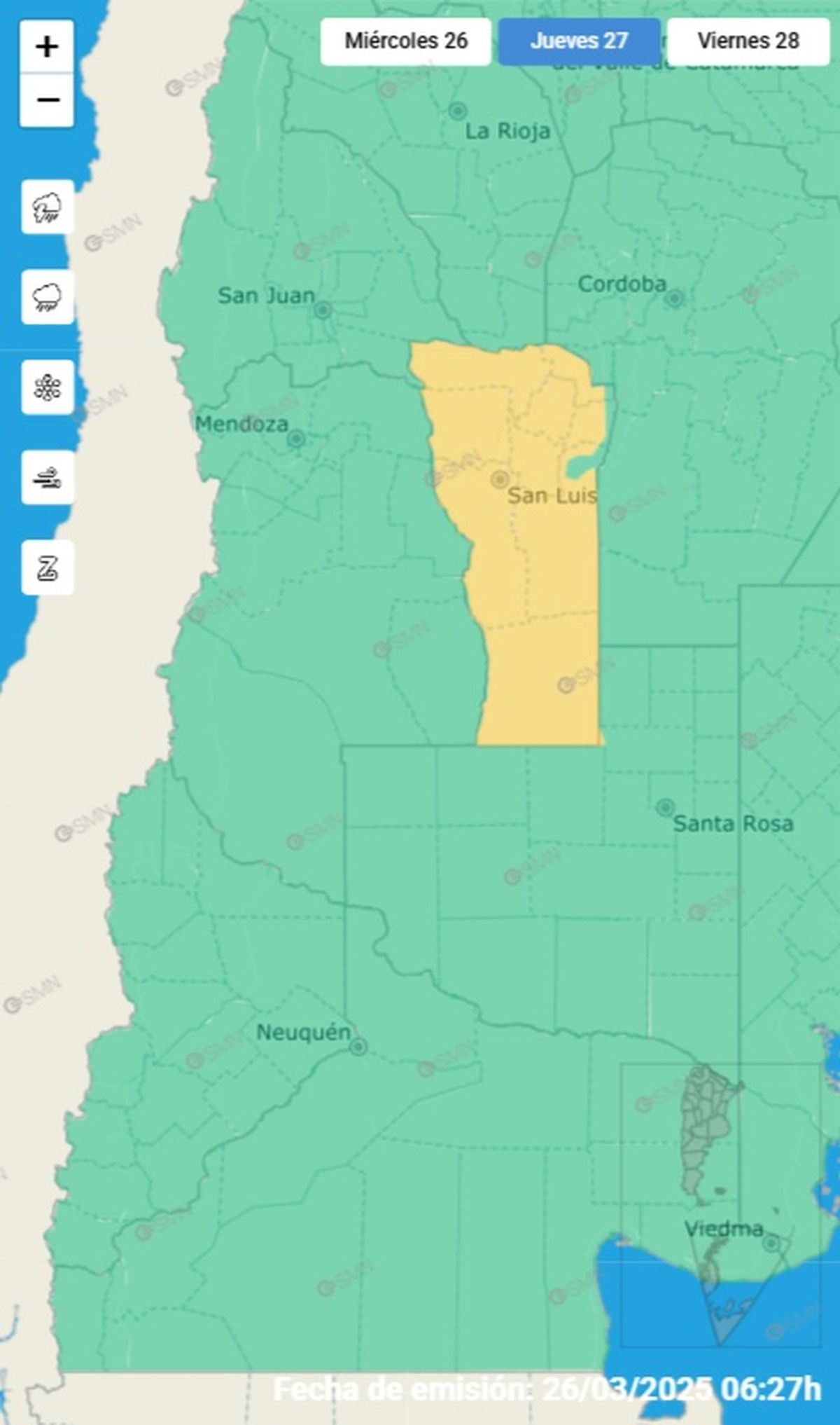 Esta es la única provincia de Cuyo en alerta Fuente: SMN Esta es la única provincia de Cuyo en alerta Fuente: SMN