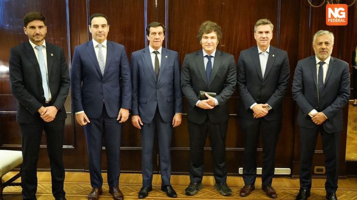 Maximiliano Pullaro, de Santa Fe; Gustavo Valdés, de Corrientes;&nbsp;Carlos Sadir, de Jujuy; Leandro Zdero, de Chaco; y Alfredo Cornejo, de Mendoza, entornan al presidente Javier Milei