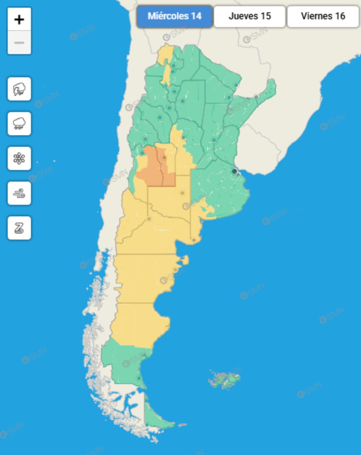 El mapa de alertas por tormentas que public&oacute; el Servicio Meteorol&oacute;gico Nacional este mi&eacute;rcoles 14 de enero.
