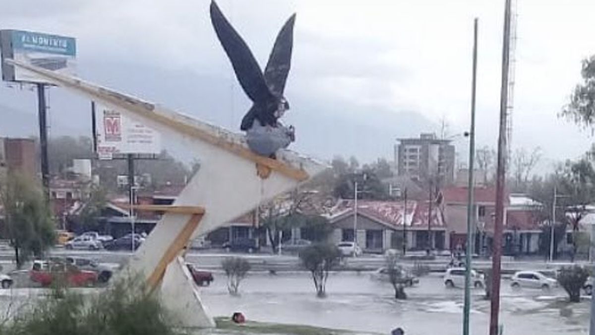 El Cóndor del Acceso Este consiste en realidad en dos estatuas. Una semiabstracta, que es la base; y una figurativa que está ubicada encima. Así quedó luego de la fuerte tormenta.