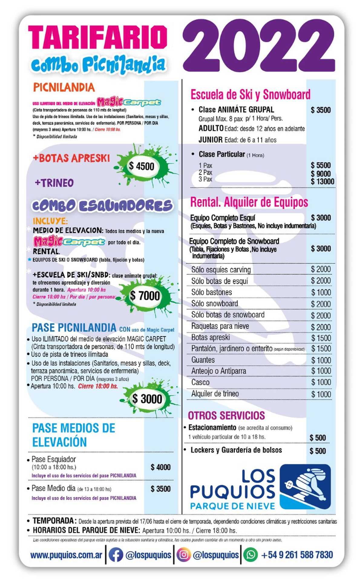 Tarifario actual de Los Puquios.