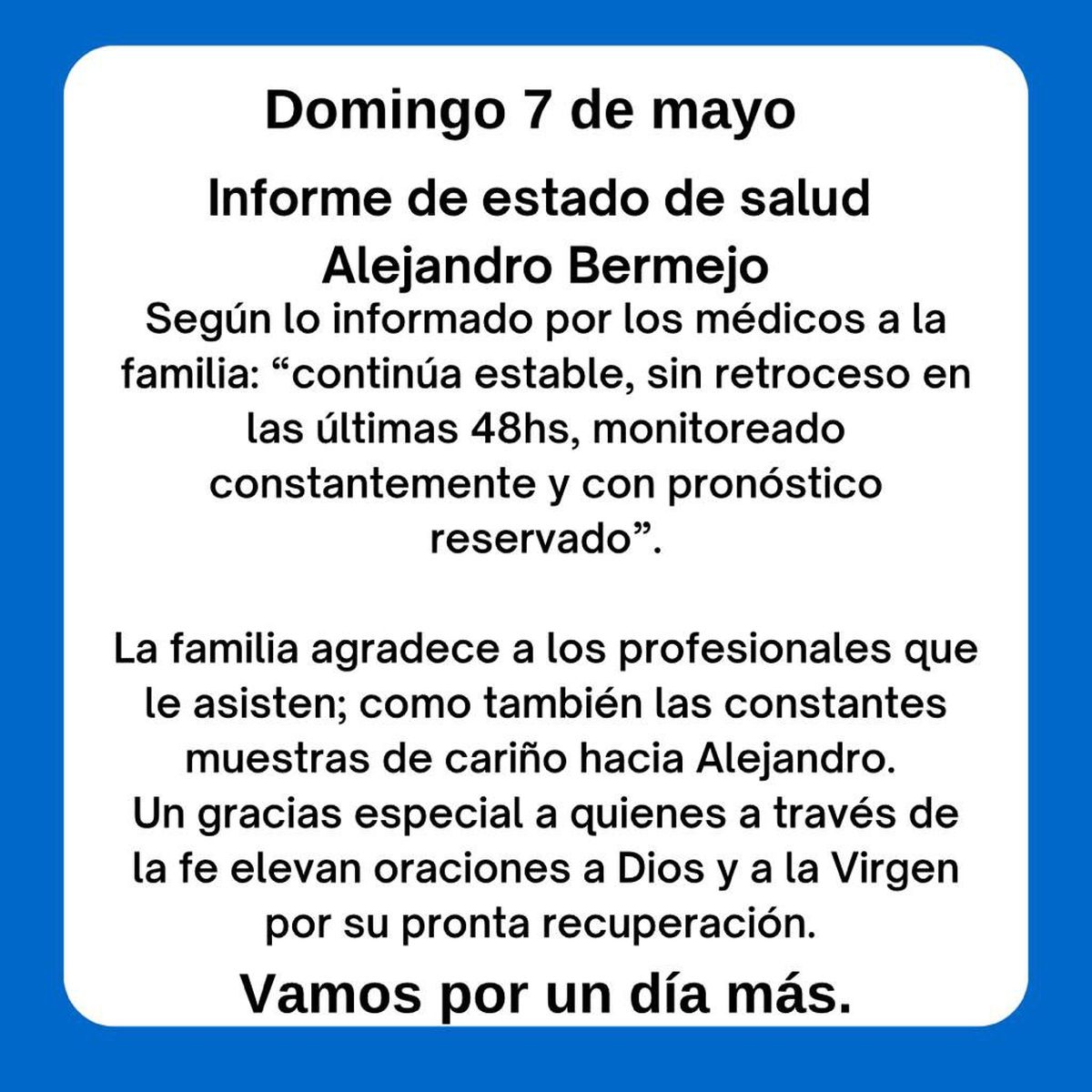 Alejandro Bermejo continúa estable y no ha sufrido retrocesos en las últimas 48 horas