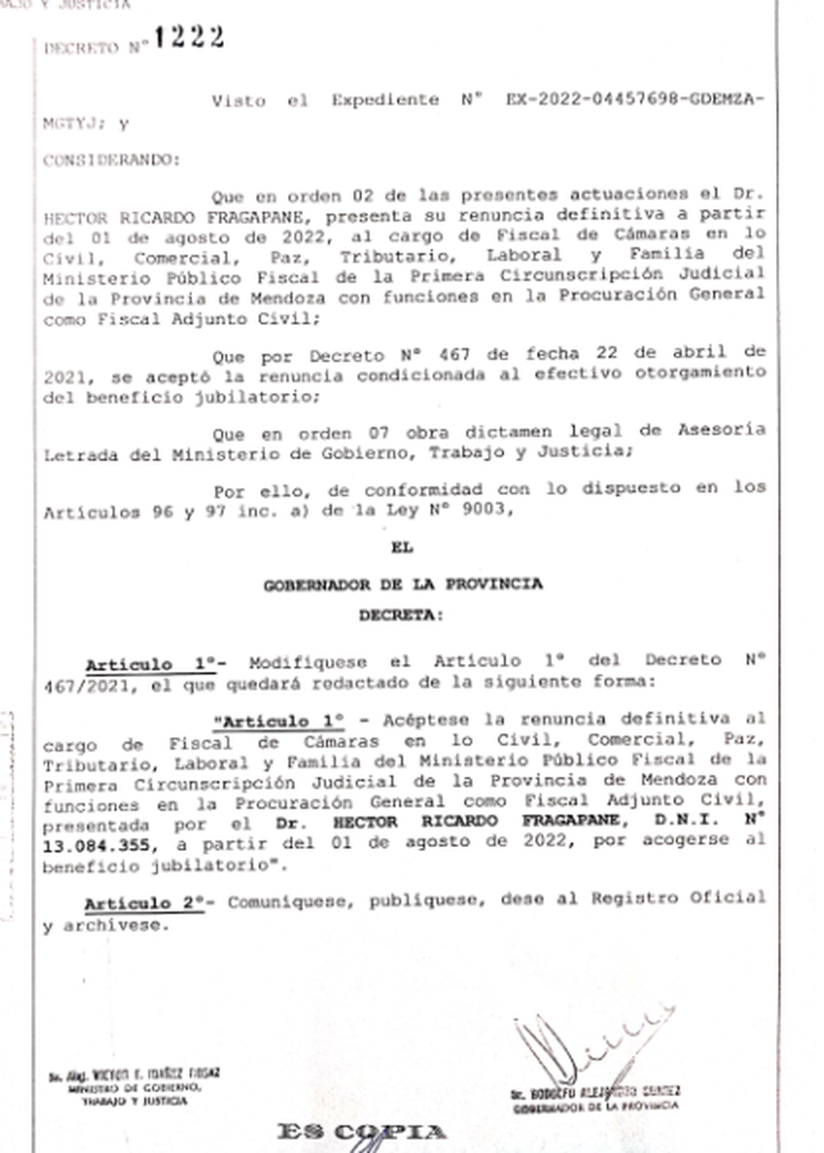 La salida del fiscal Fragapane quedó oficializada en el decreto 1.222.
