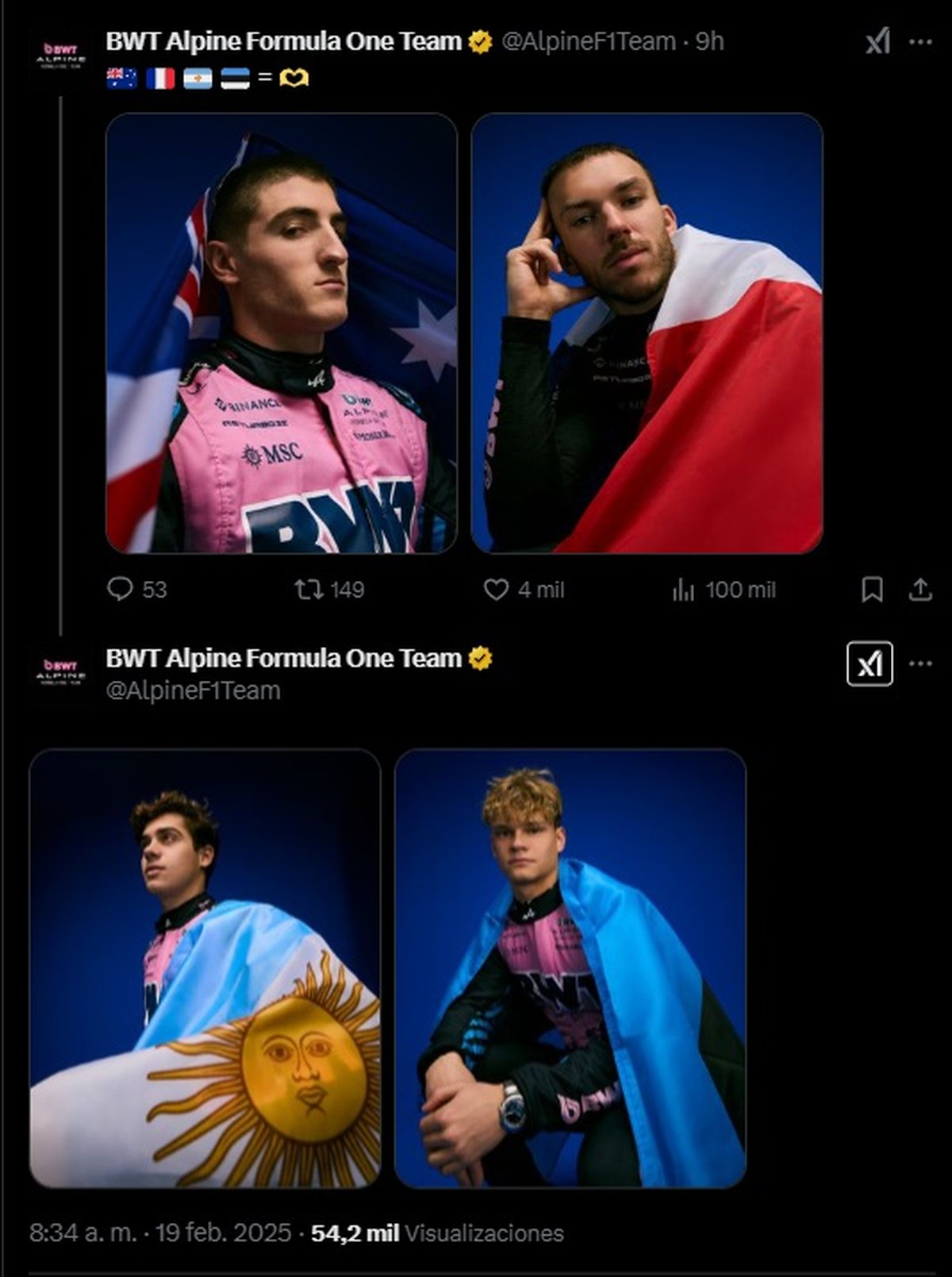 El posteo de Alpine en sus redes sociales. El posteo de Alpine en sus redes sociales.