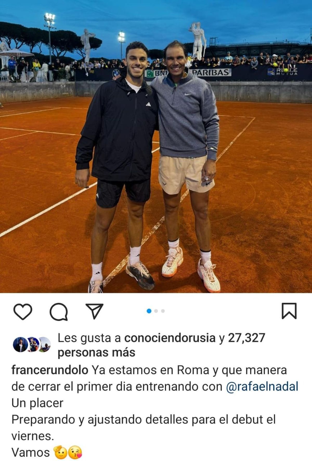 Cerúndolo compartió una foto en sus redes sociales donde se lo ve muy feliz post entrenamiento con Rafa Nadal. 