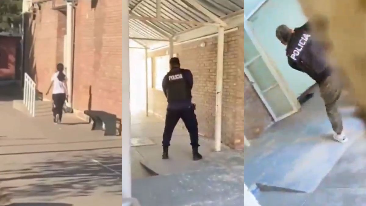 Así ingresó la Policía de Mendoza a la escuela Marcelino Blanco, en La Paz. Imagen: composición Diario UNO.