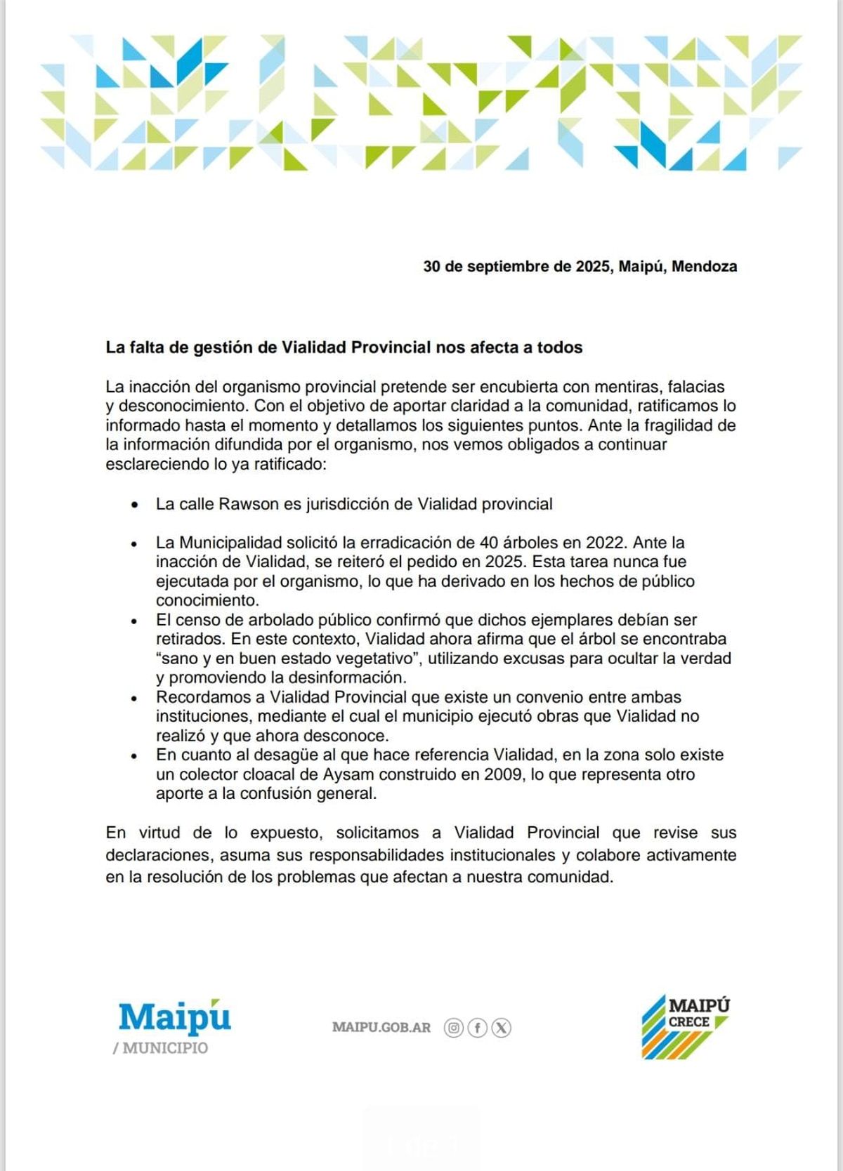 El comunicado de la Municipalidad de Maipú que contrarió la versión de Vialidad provincial.