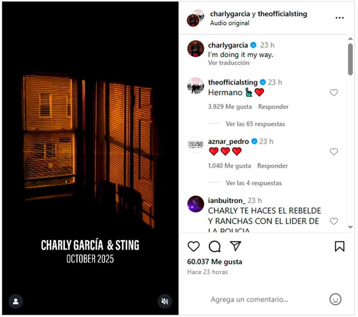 El posteo conjunto entre Charly García y Sting que anuncia una colaboración a estrenarse en octubre del 2025. El posteo conjunto entre Charly García y Sting que anuncia una colaboración a estrenarse en octubre del 2025.