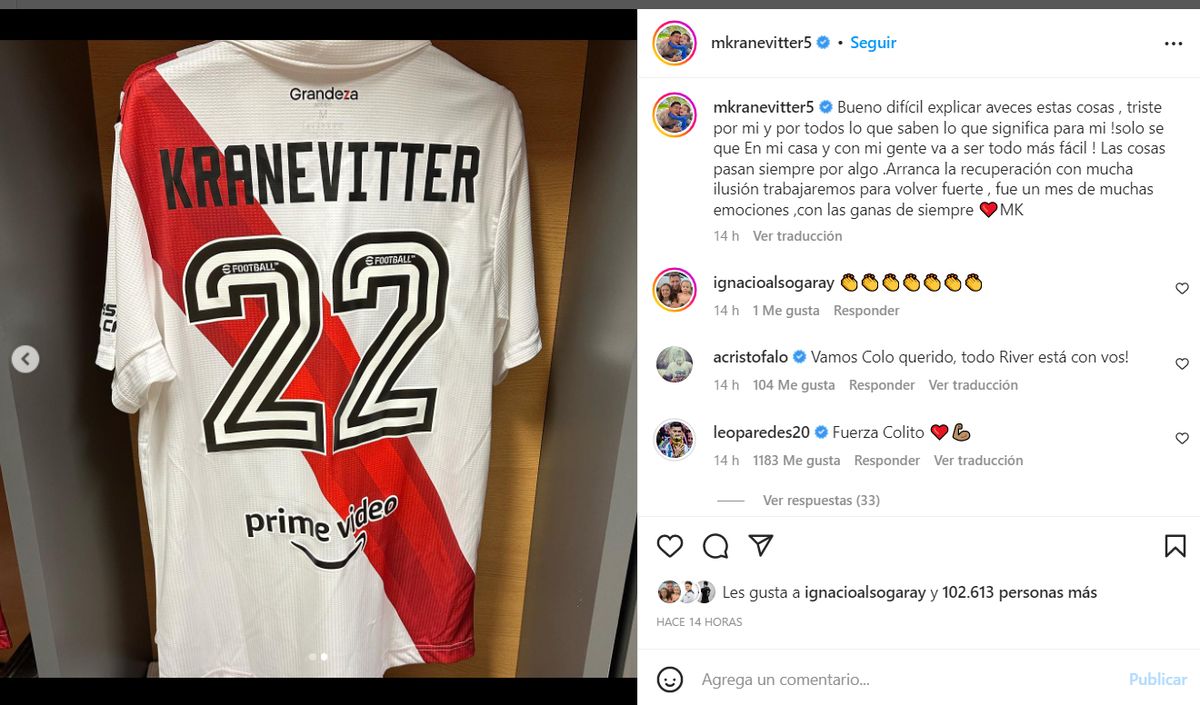 La publicación de Matías Kranevitter tras la lesión sufrida en su vuelta a River