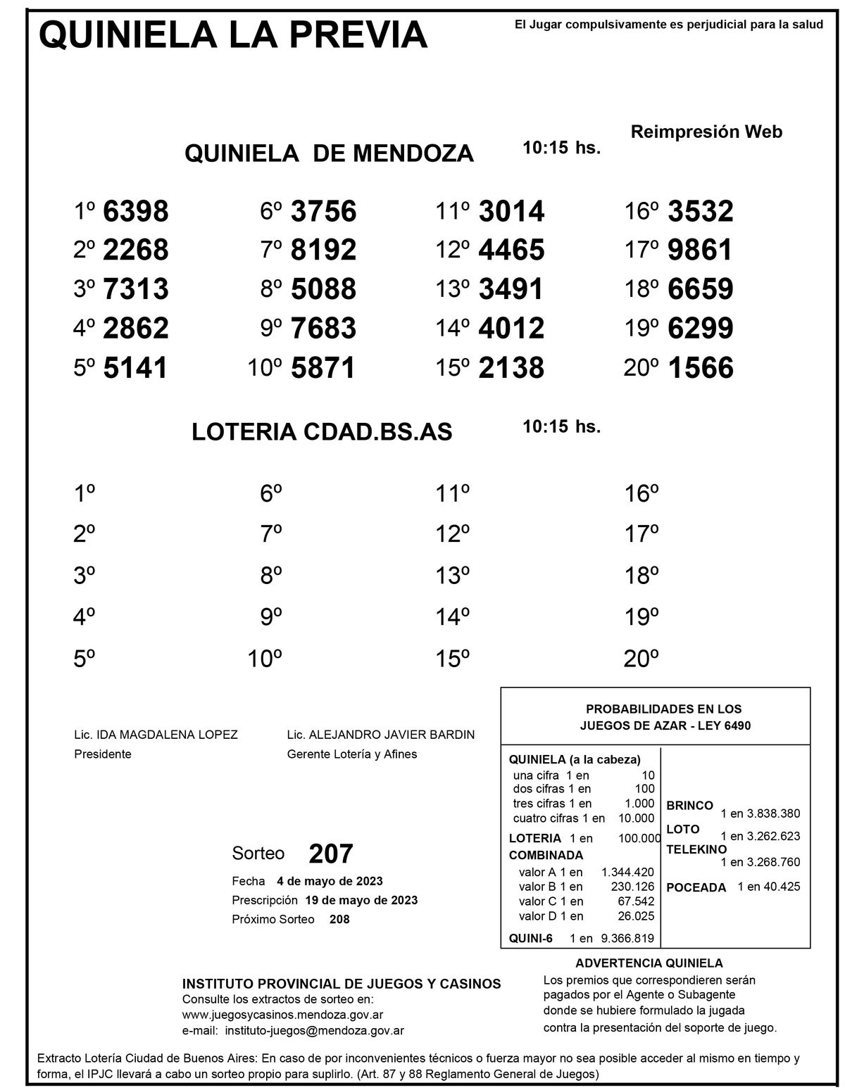 Extracto de la Quiniela de Mendoza en su edición La Previa del jueves 4 de mayo.