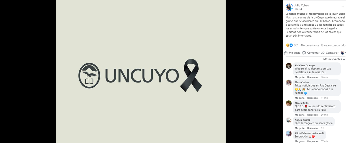 El también integrante de Juntos por el Cambio Julio Cobos se sumó a las condolencias por el fallecimiento de la estudiante de la UNCuyo.