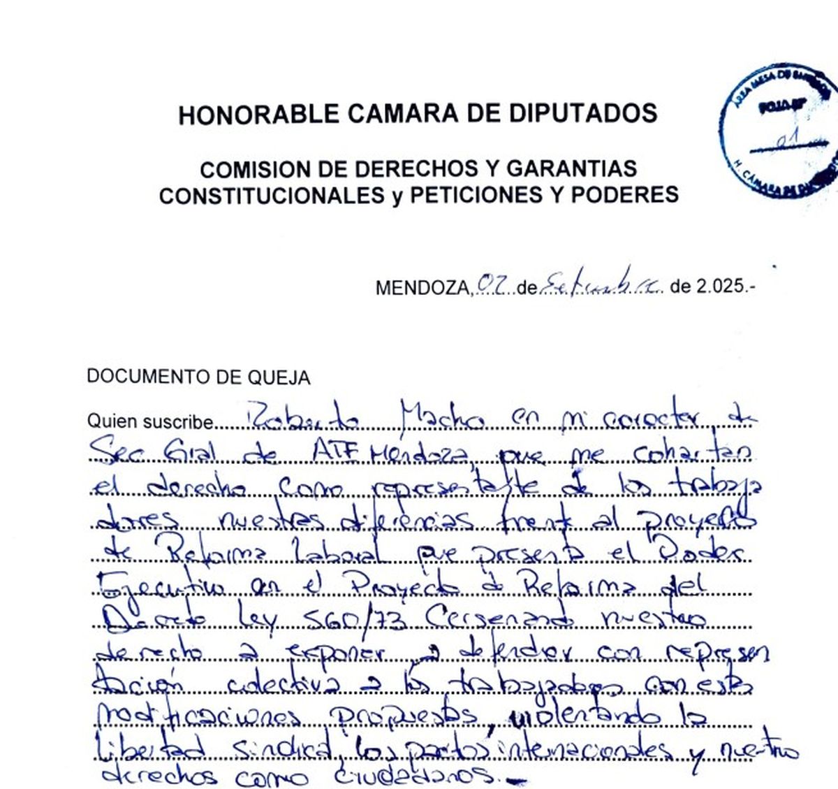 La denuncia que presentó Roberto Macho, secretario general de ATE, en la comisión de Derechos y Garantías de Diputados. La denuncia que presentó Roberto Macho, secretario general de ATE, en la comisión de Derechos y Garantías de Diputados.