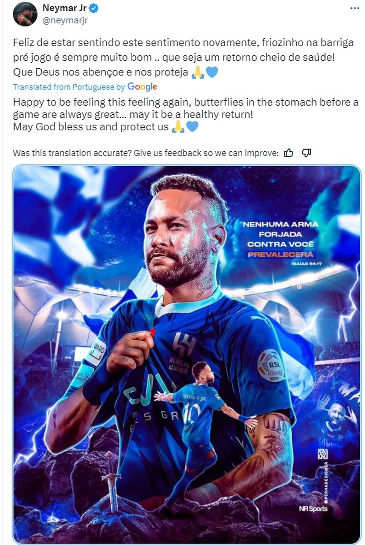 El mensaje que publicó Neymar en sus redes en la previa de su regreso al fútbol con el Al-Hilal. El mensaje que publicó Neymar en sus redes en la previa de su regreso al fútbol con el Al-Hilal. 