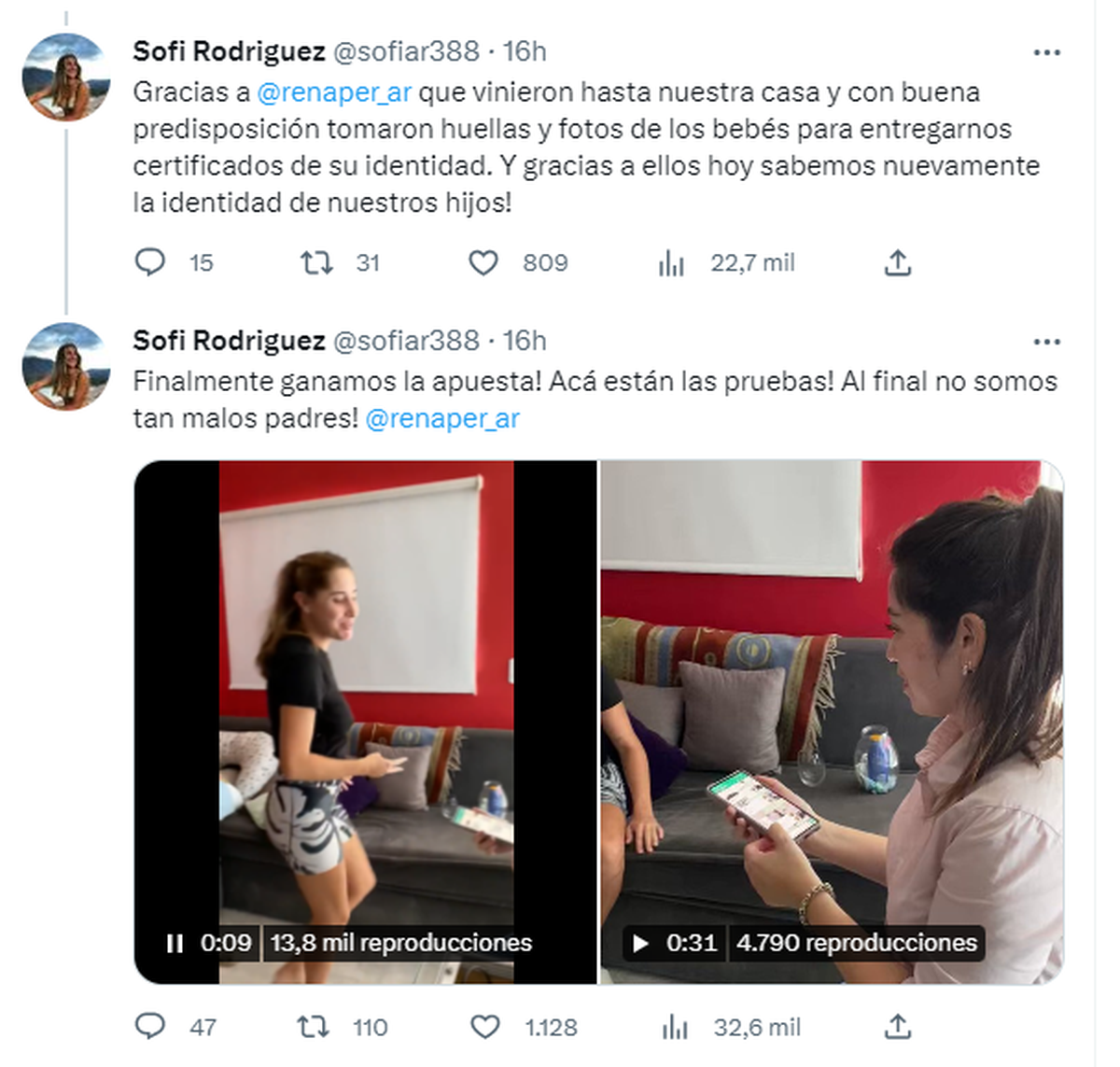 La mendocina agradeció en sus redes el trabajo del equipo del Renaper.