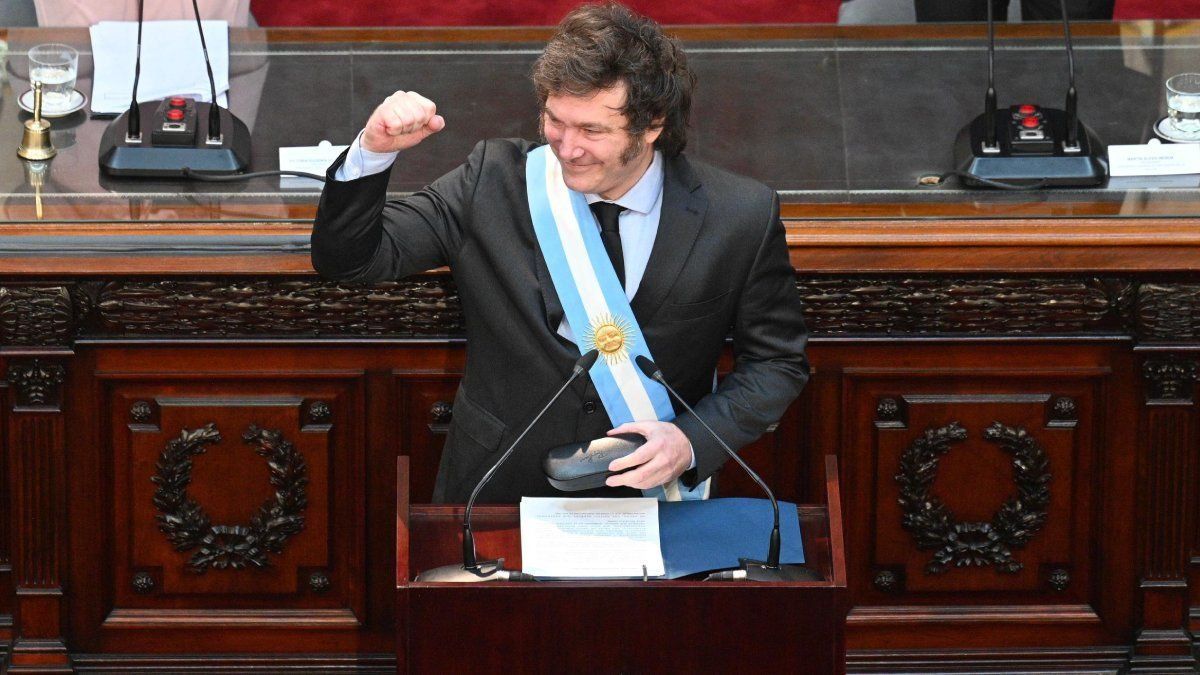 Javier Milei en su primera apertura de las sesiones ordinarias como Presidente en el Congreso.