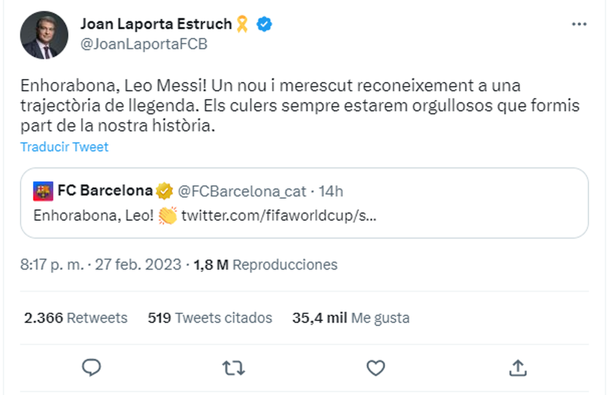 Las palabras de felicitaciones de Joan Laporta para el astro argentino.