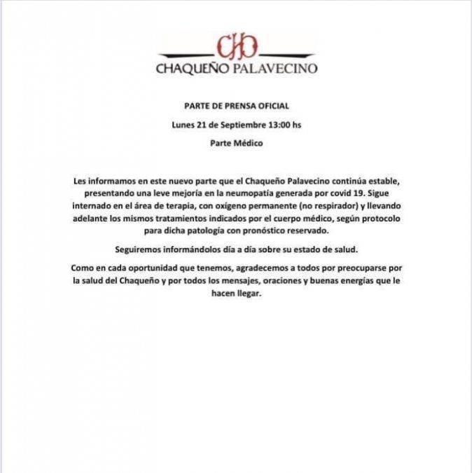 Chaqueño Palavecino, nuevo parte médico: sigue en terapia