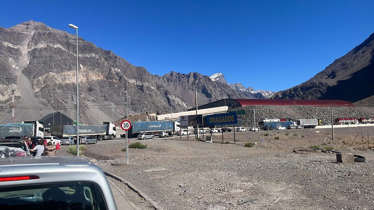 Camiones, autos y colectivos en las largas filas para ingresar a Los Libertadores en el paso a Chile.
