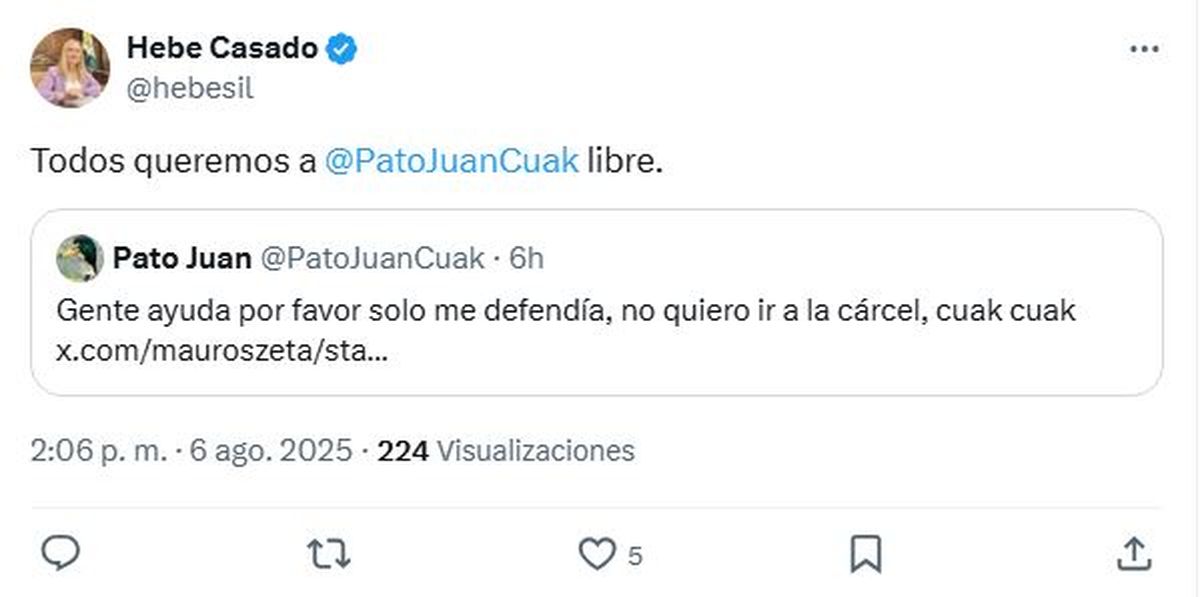 La publicación de Hebe Casado para defender al pato Juan.